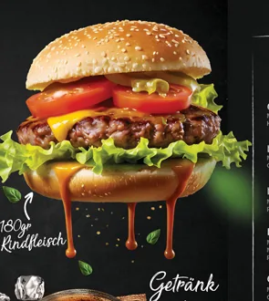 Burger mit Rindfleisch, Cheddar, Tomate und Salat auf der Menükarte