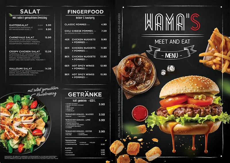 Rückseite der Menükarte mit Salat, Fingerfood und Getränken samt Preisen