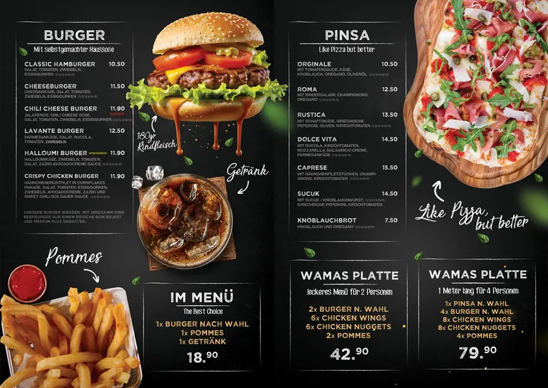 Vorderseite der Menükarte mit Burger, Pinsa, Menü und den WAMAS Platten samt Preisen